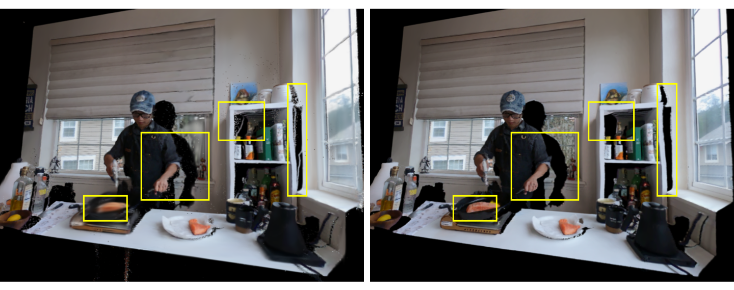 Qualitative comparison of the flame_salmon_1 sequence without and with depth refinement, showing cleaner discontinuities with refinement